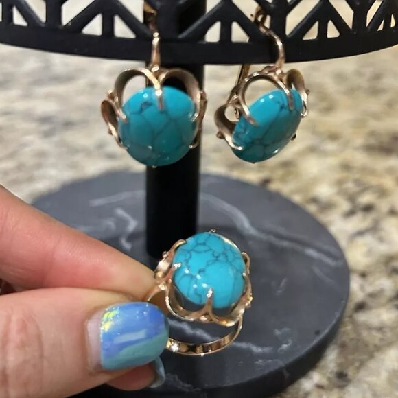 LARGE Russian Russia 14K Rose Pink Gold Turquoise Cabochon Pierced Earrings - Picture 12 of 15